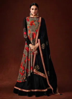 Grey and Black Embroidered Anarkali Style Gown