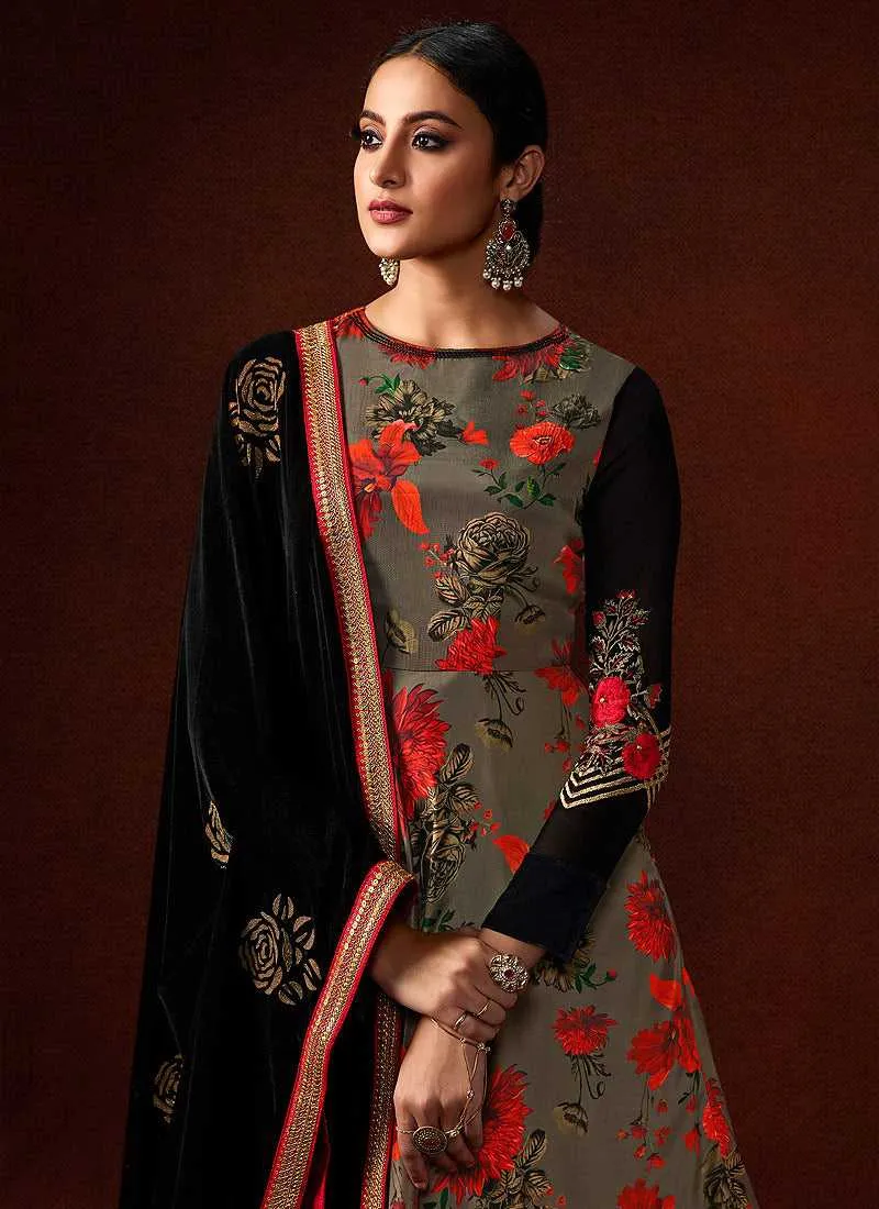 Grey and Black Embroidered Anarkali Style Gown