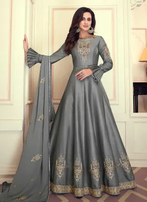 Grey Colored Kalidar Embroidered Silk Voluptuous Gown