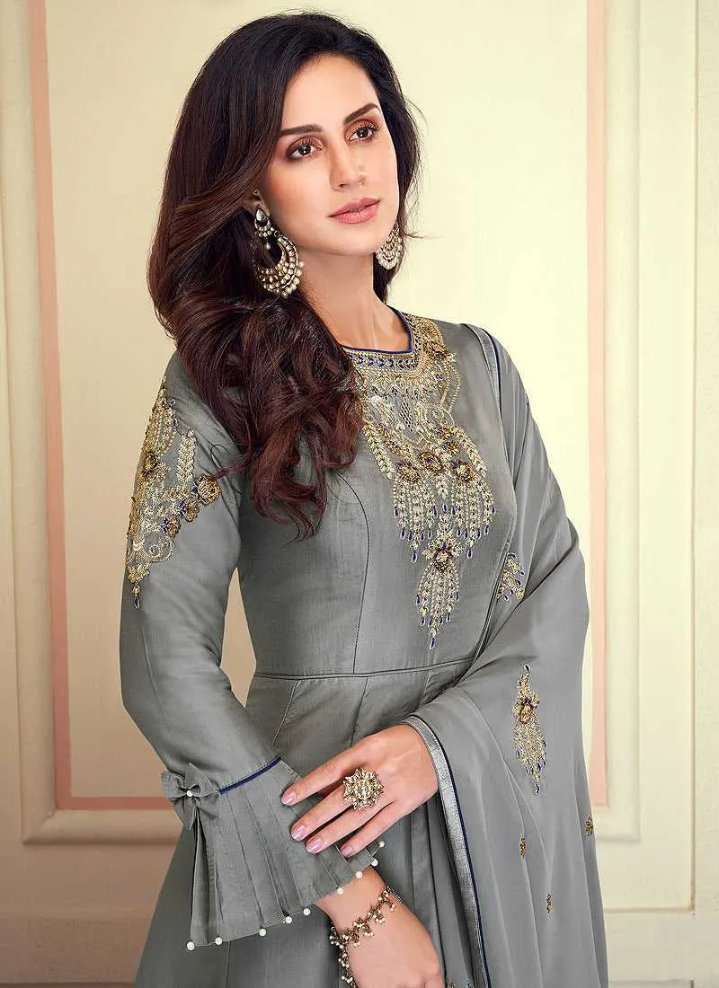 Grey Colored Kalidar Embroidered Silk Voluptuous Gown