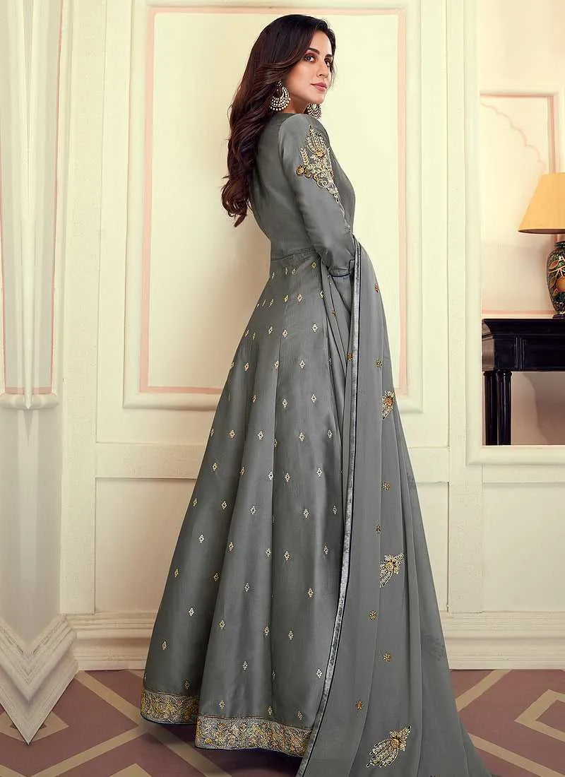 Grey Colored Kalidar Embroidered Silk Voluptuous Gown