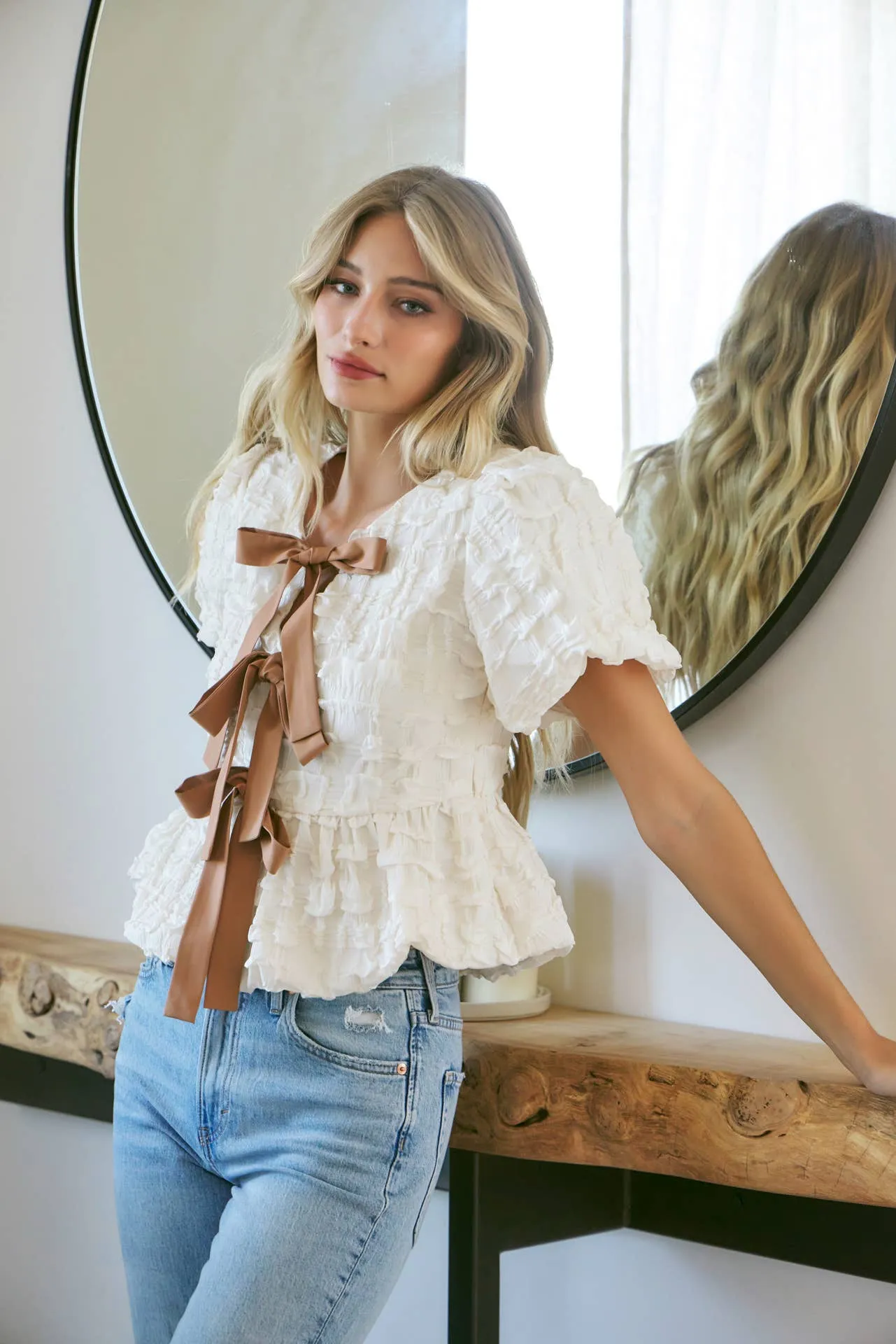 Hailey Baby Doll Bow Textured Top