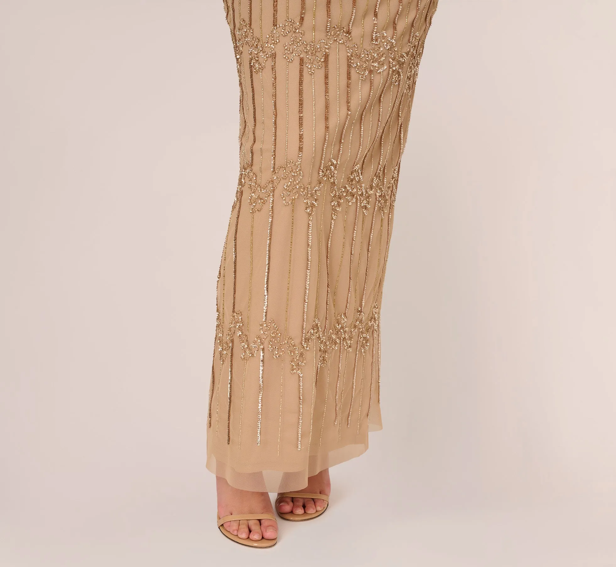 Hand-Beaded Illusion Long Column Blouson Gown In Champagne Gold