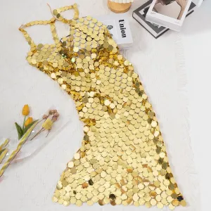 Handmade Gold Silver Tone Glitter Squamous Sequins Patchwork Midi Dress