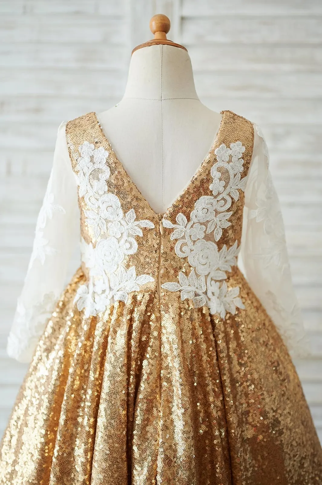 Hi Low Gold Sequin Ivory Lace Tulle Long Sleeves V Neck Wedding Flower Girl Dress