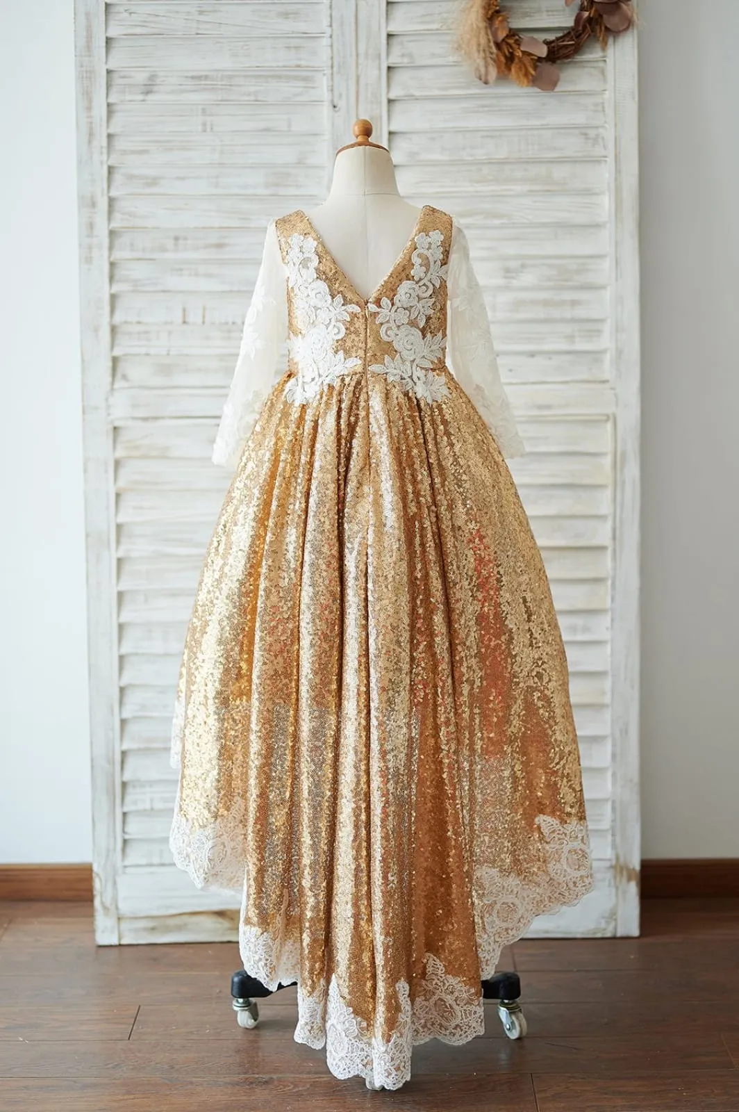 Hi Low Gold Sequin Ivory Lace Tulle Long Sleeves V Neck Wedding Flower Girl Dress