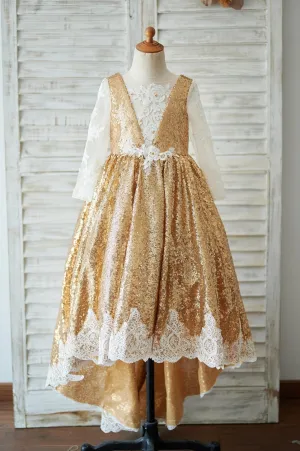 Hi Low Gold Sequin Ivory Lace Tulle Long Sleeves V Neck Wedding Flower Girl Dress