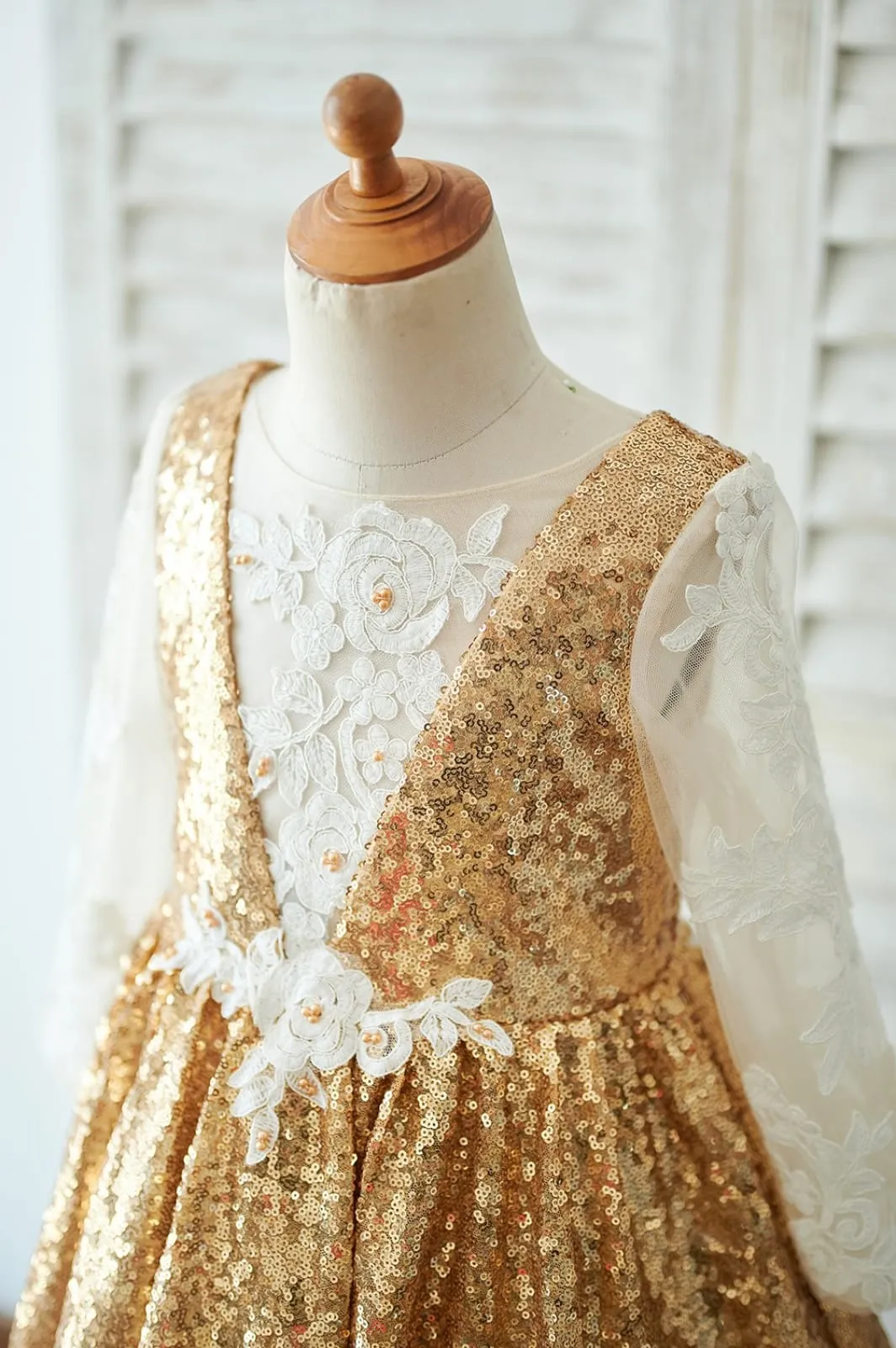 Hi Low Gold Sequin Ivory Lace Tulle Long Sleeves V Neck Wedding Flower Girl Dress