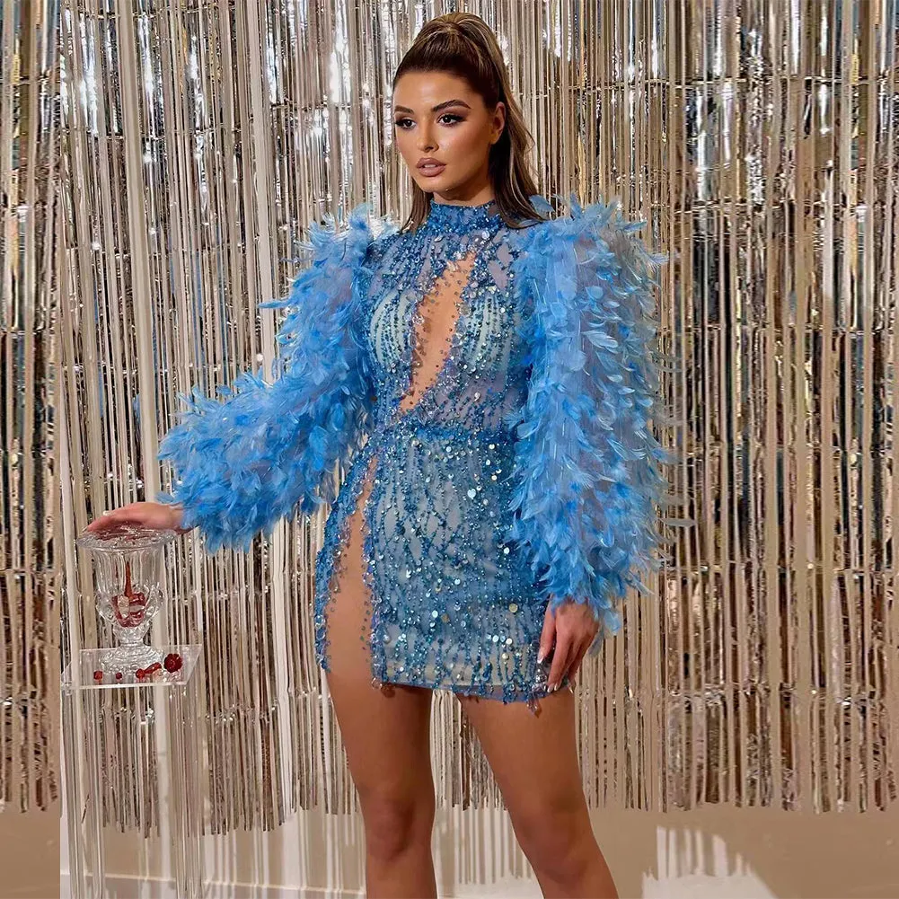 High Neck Long Sleeve Sequins Mini Bodycon Dress HT896