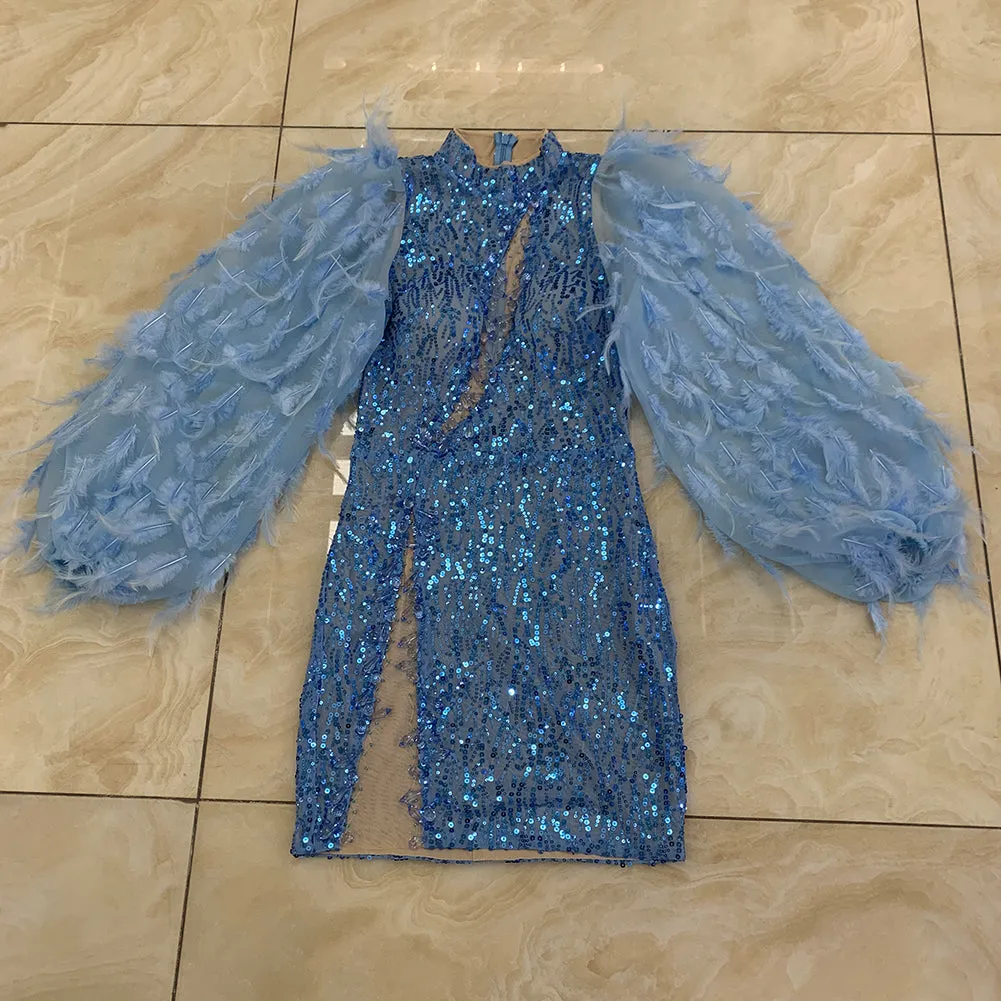 High Neck Long Sleeve Sequins Mini Bodycon Dress HT896