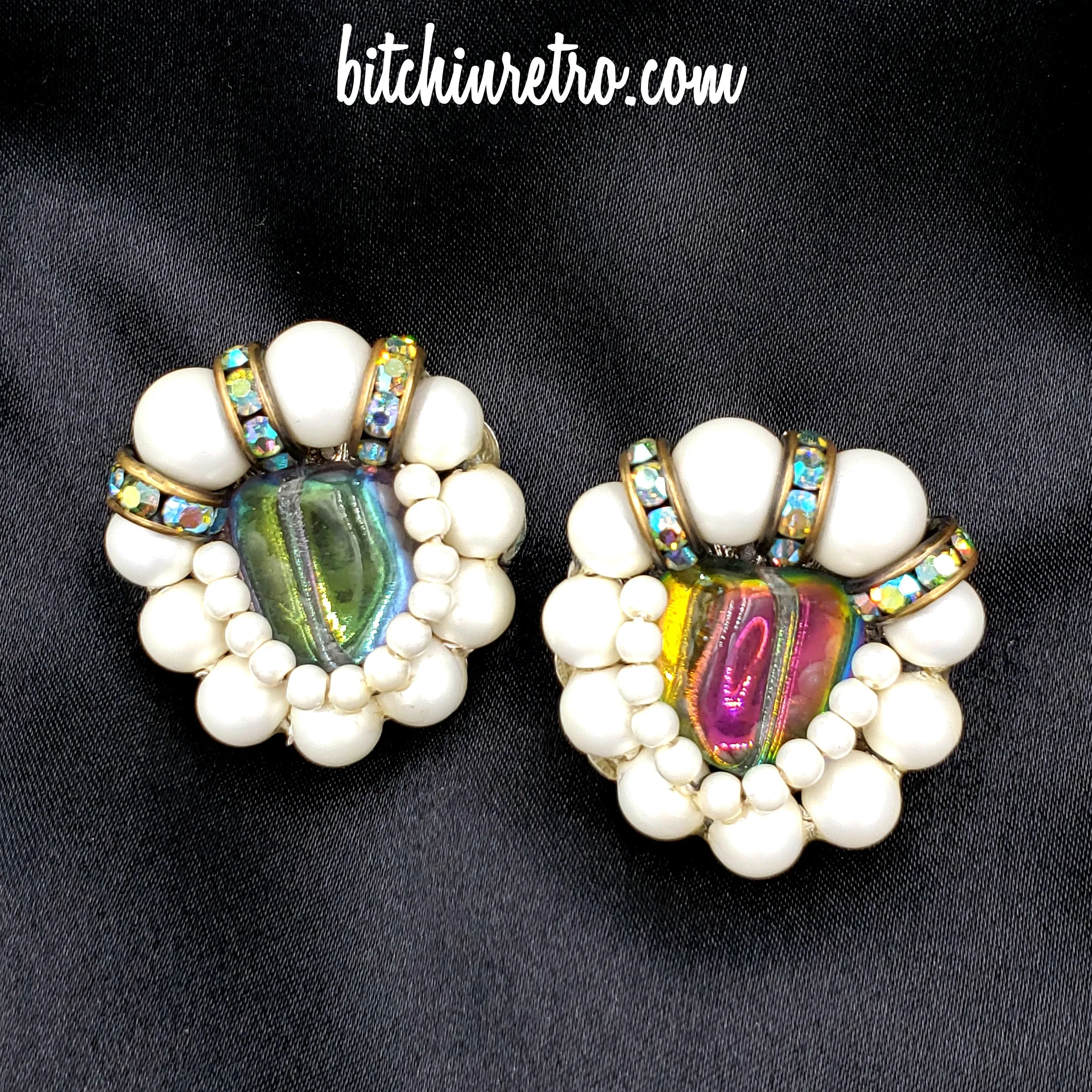 Hobe Vintage Dichroic Art Glass, Rhinestone and Pearl Earrings