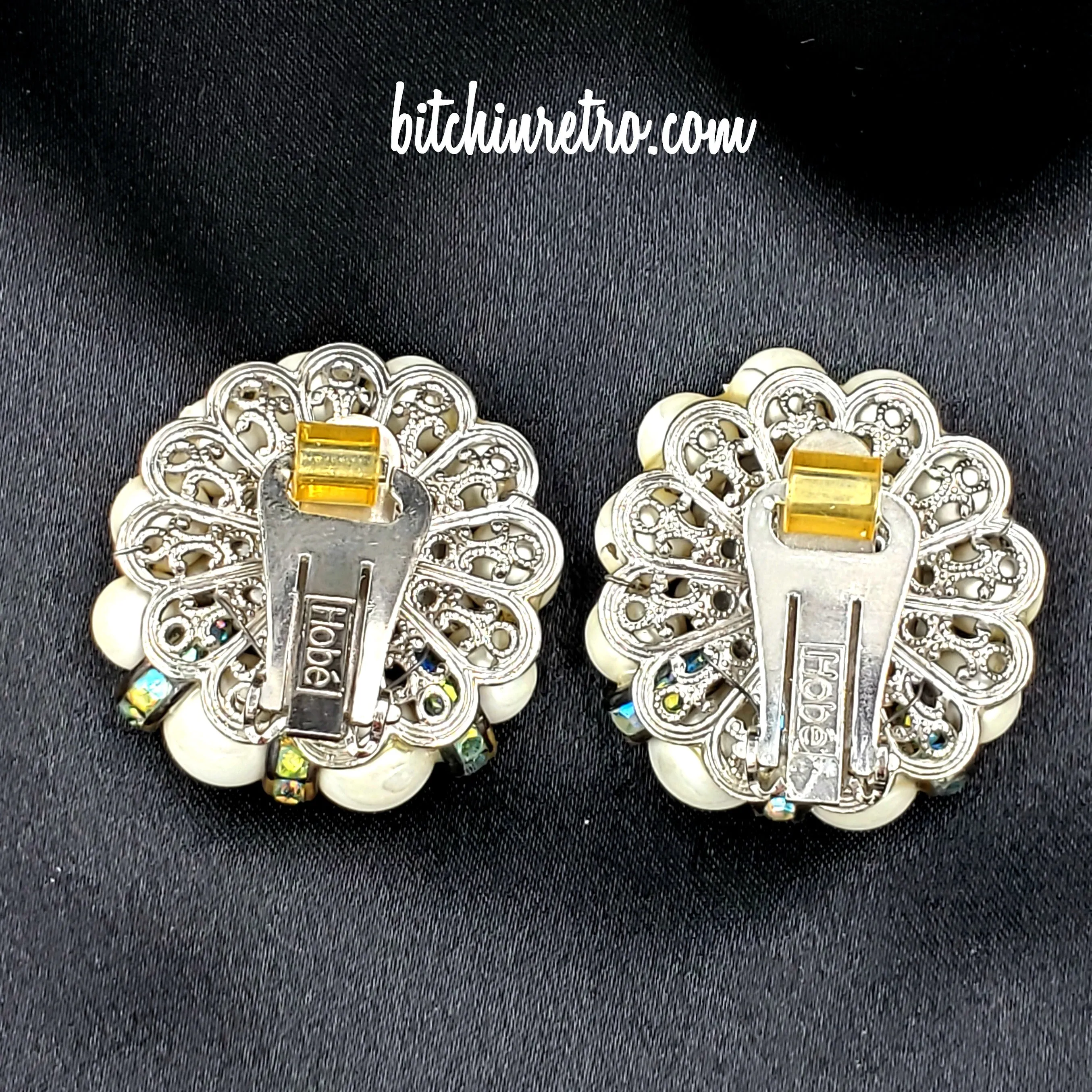 Hobe Vintage Dichroic Art Glass, Rhinestone and Pearl Earrings