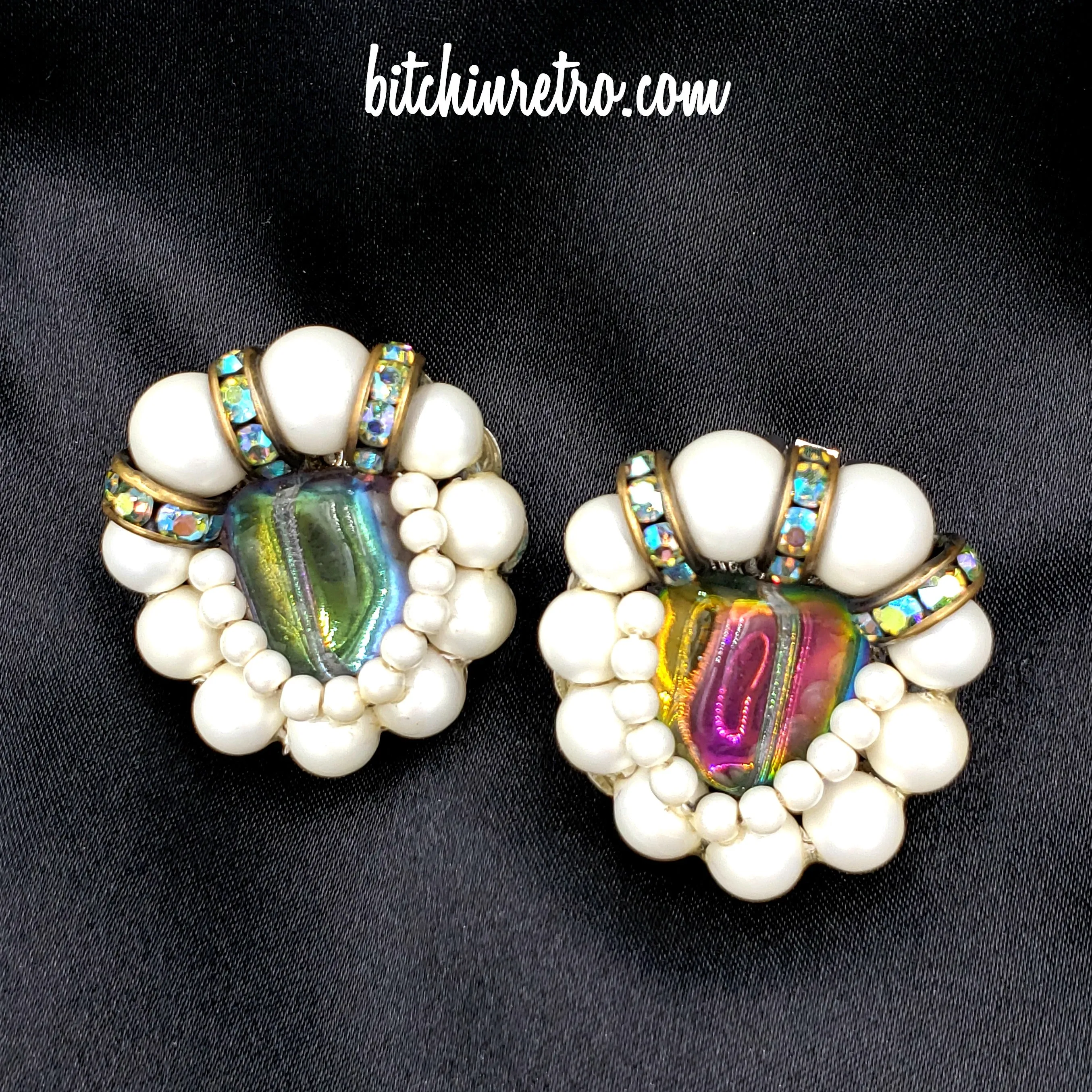 Hobe Vintage Dichroic Art Glass, Rhinestone and Pearl Earrings