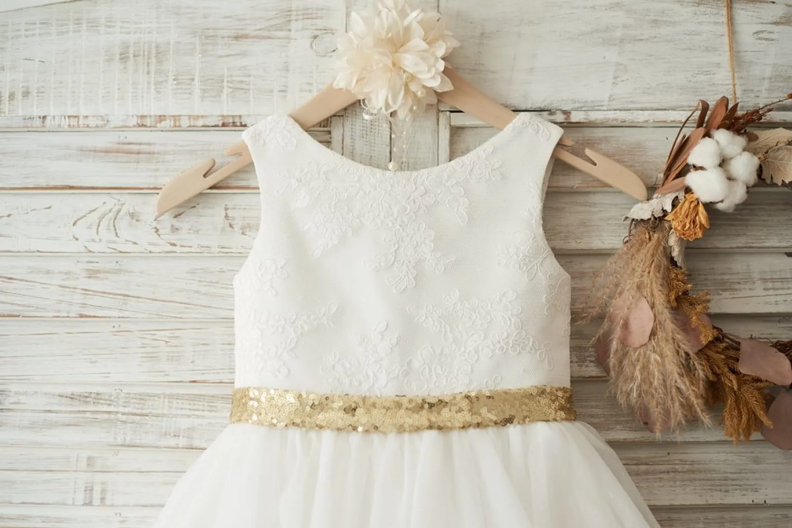 Ivory Lace Tulle V Back Wedding Flower Girl Dress, Gold Sequin Bow