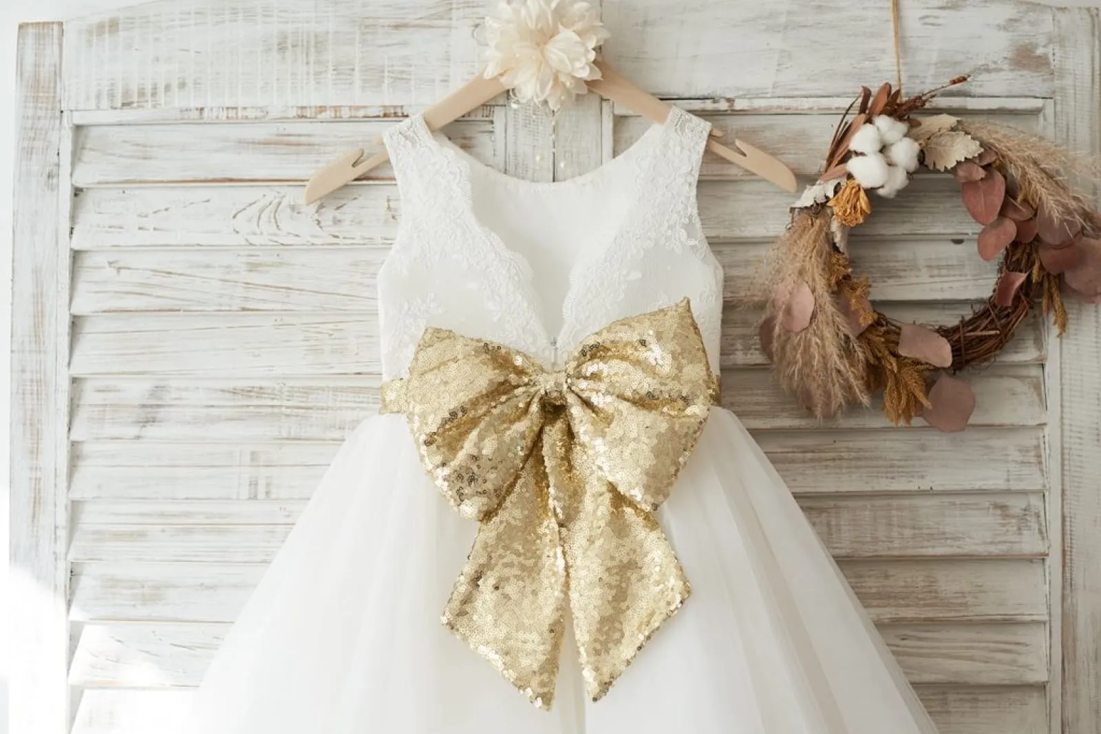 Ivory Lace Tulle V Back Wedding Flower Girl Dress, Gold Sequin Bow