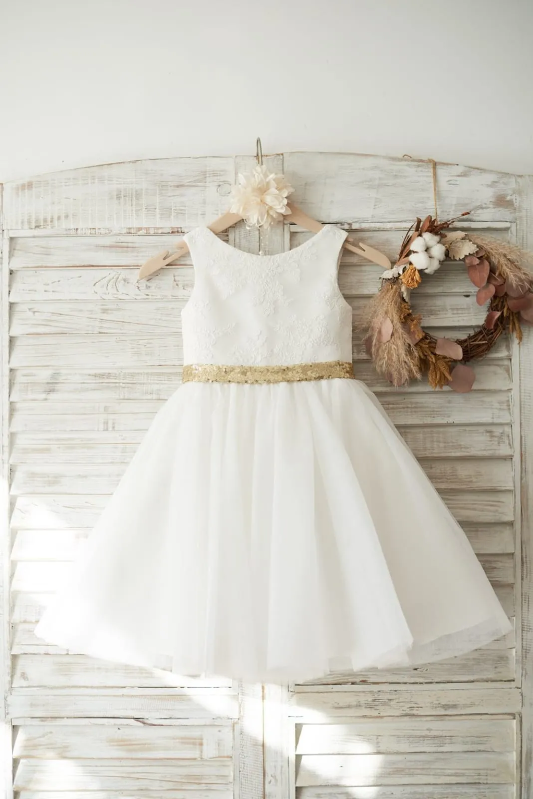 Ivory Lace Tulle V Back Wedding Flower Girl Dress, Gold Sequin Bow