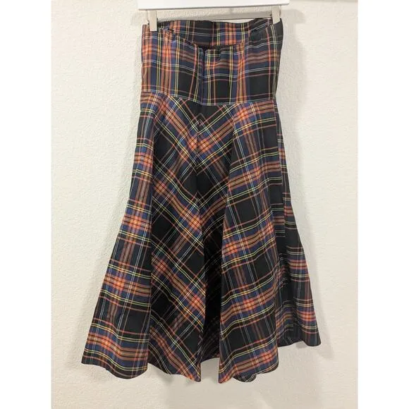 J. CREW Women Sz 6 100% Silk Tartan Plaid Strapless Fit n Flare Dress $250 MSRP