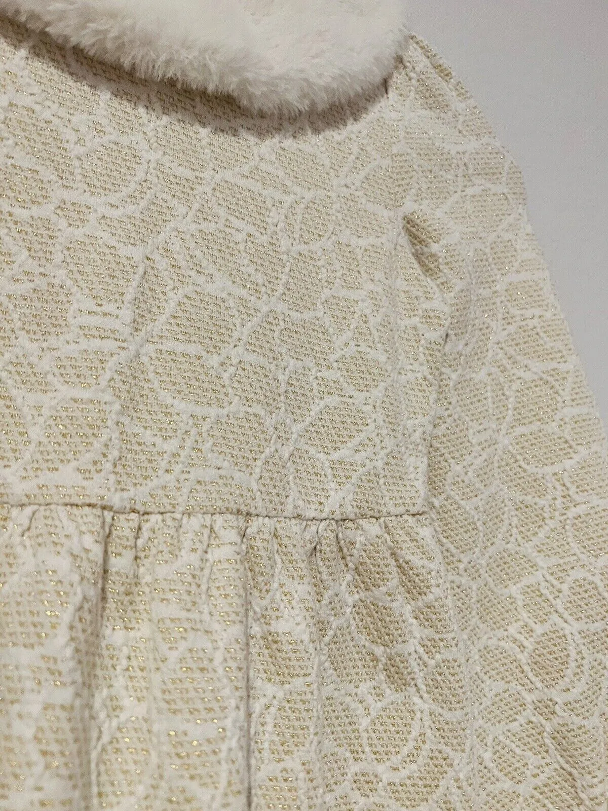 JANIE AND JACK Woven Girls Dress Sz 7 Heavy Knit Gold Detail Faux Fur Easter