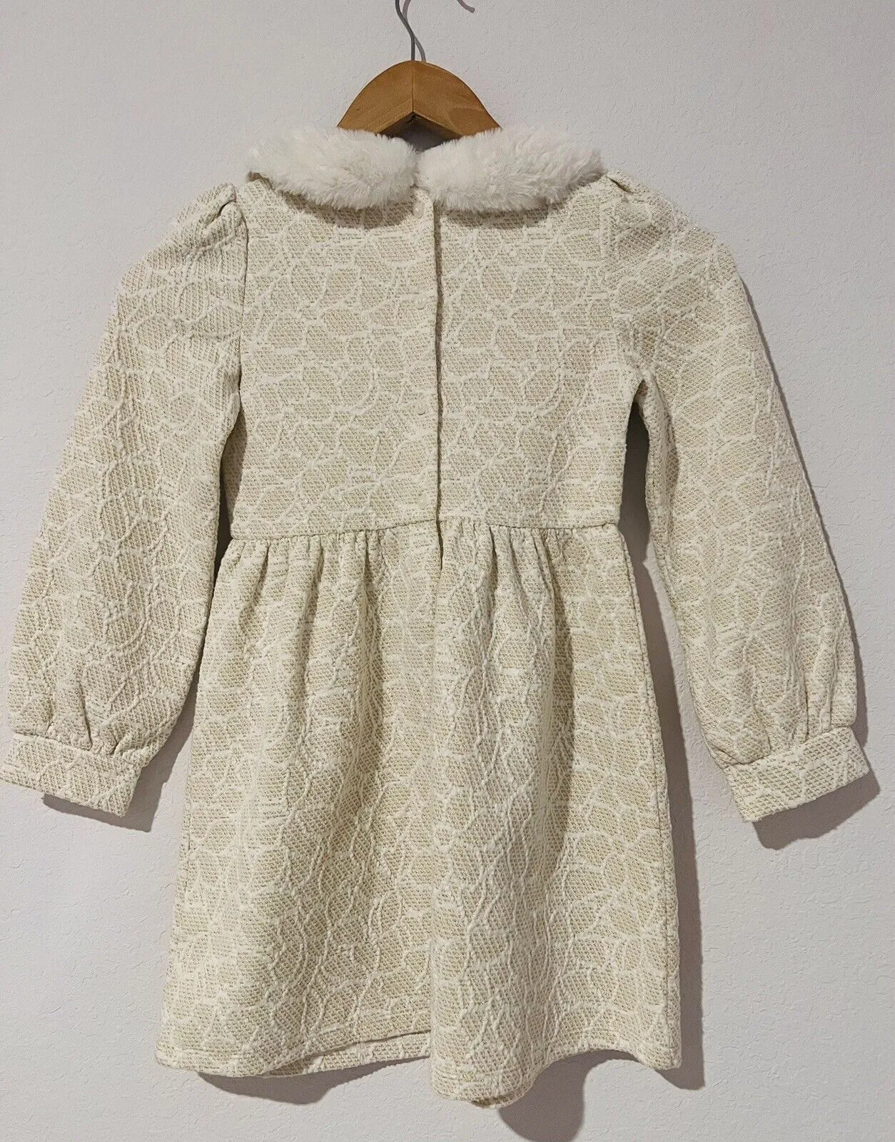 JANIE AND JACK Woven Girls Dress Sz 7 Heavy Knit Gold Detail Faux Fur Easter