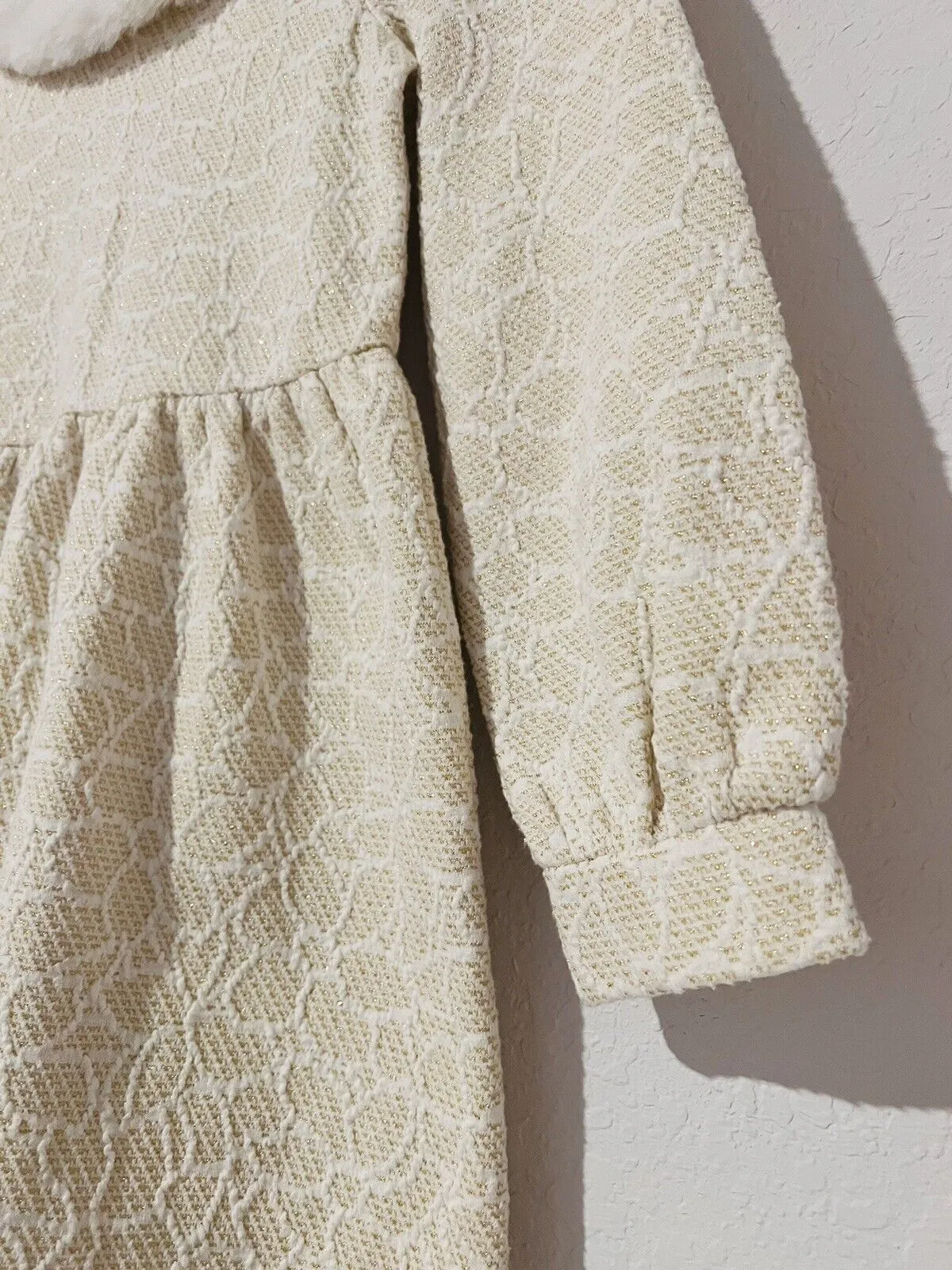 JANIE AND JACK Woven Girls Dress Sz 7 Heavy Knit Gold Detail Faux Fur Easter
