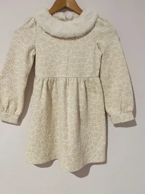JANIE AND JACK Woven Girls Dress Sz 7 Heavy Knit Gold Detail Faux Fur Easter