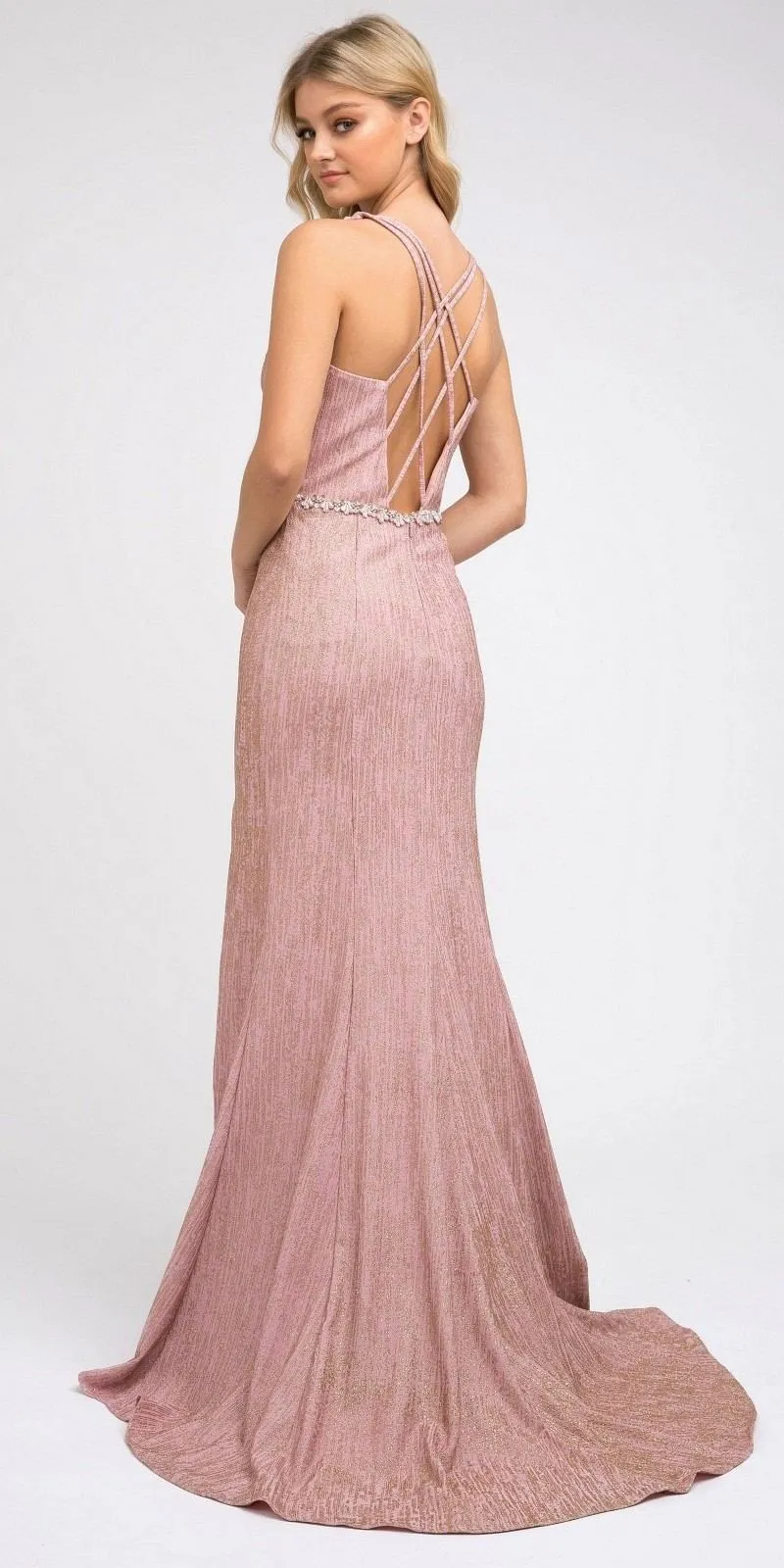 Juliet 237 Strappy-Back Long Prom Dress with Slit