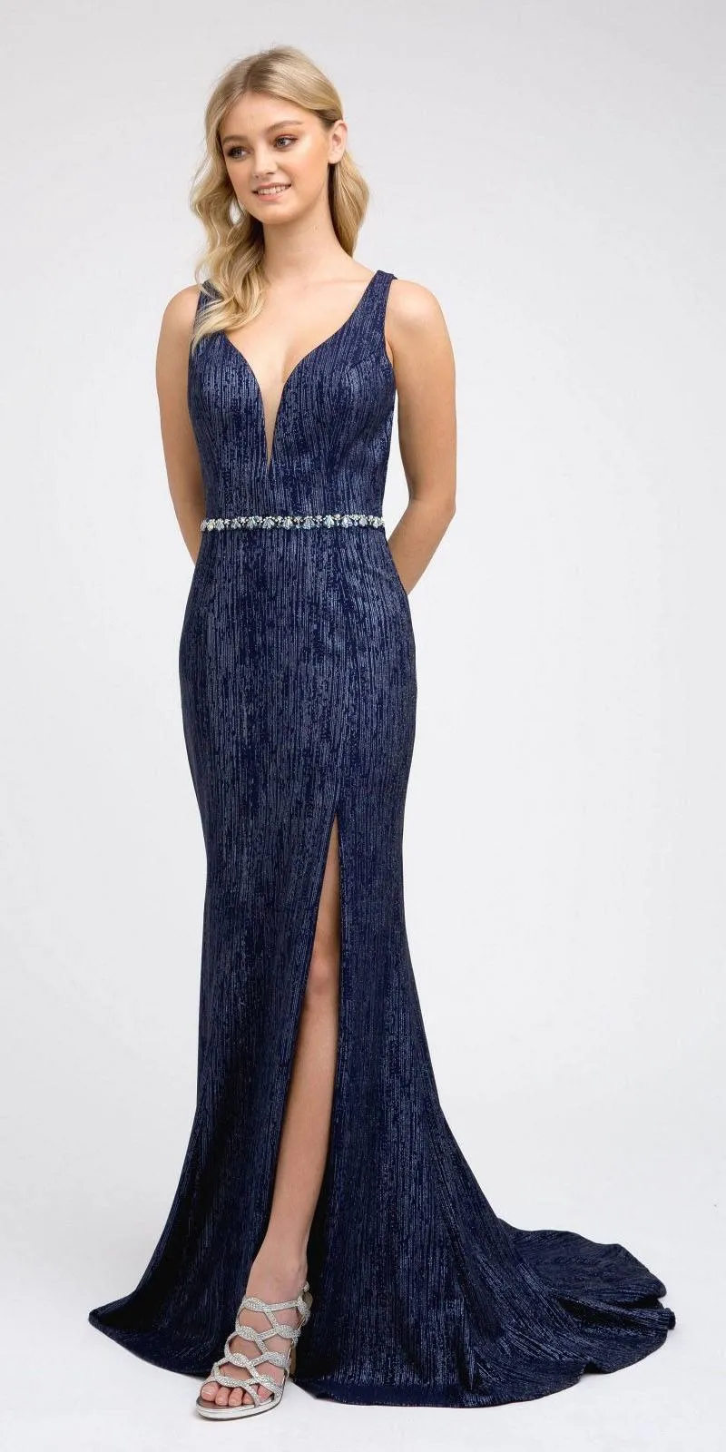 Juliet 237 Strappy-Back Long Prom Dress with Slit