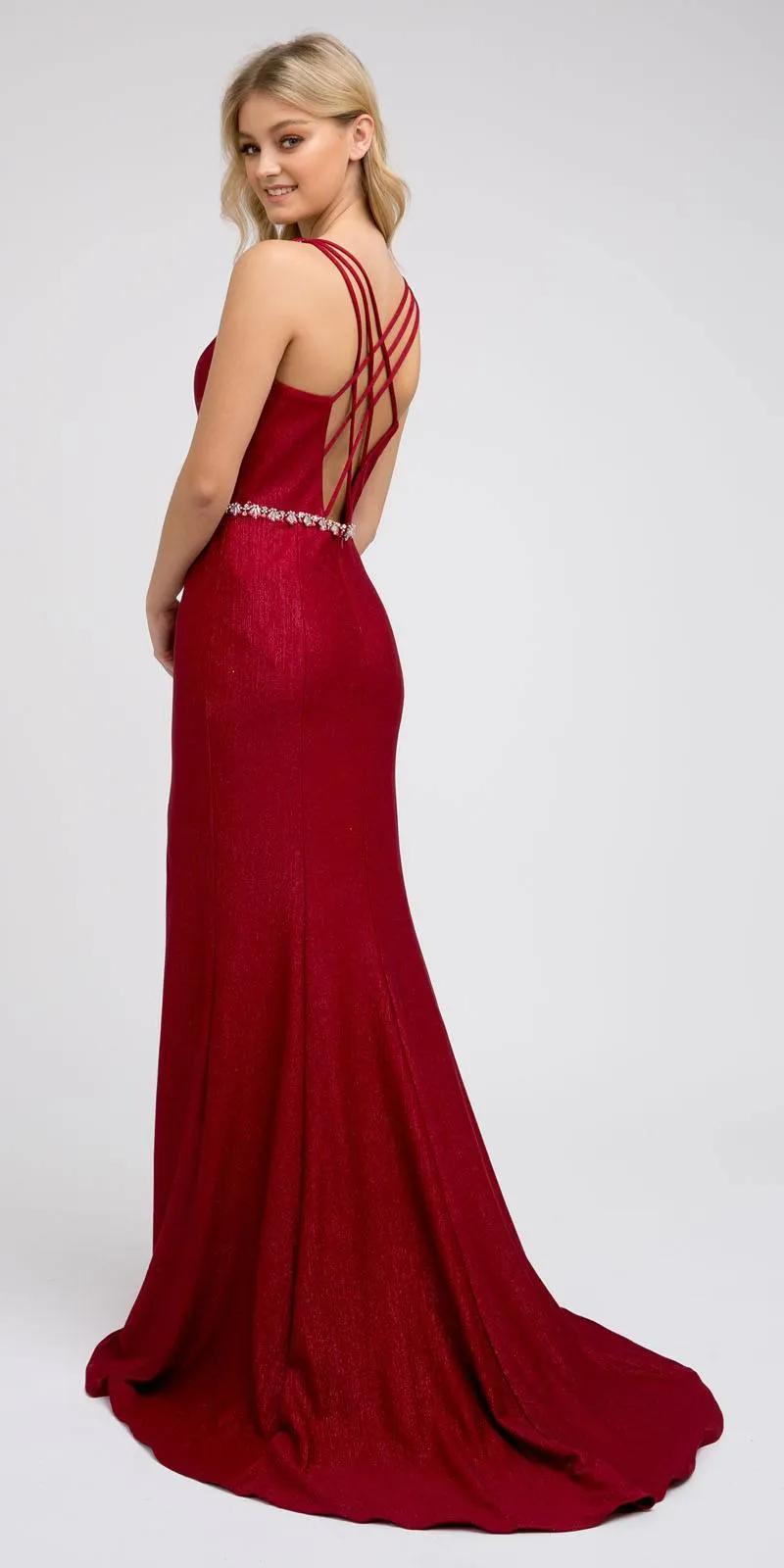 Juliet 237 Strappy-Back Long Prom Dress with Slit