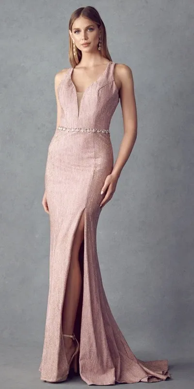 Juliet 237 Strappy-Back Long Prom Dress with Slit