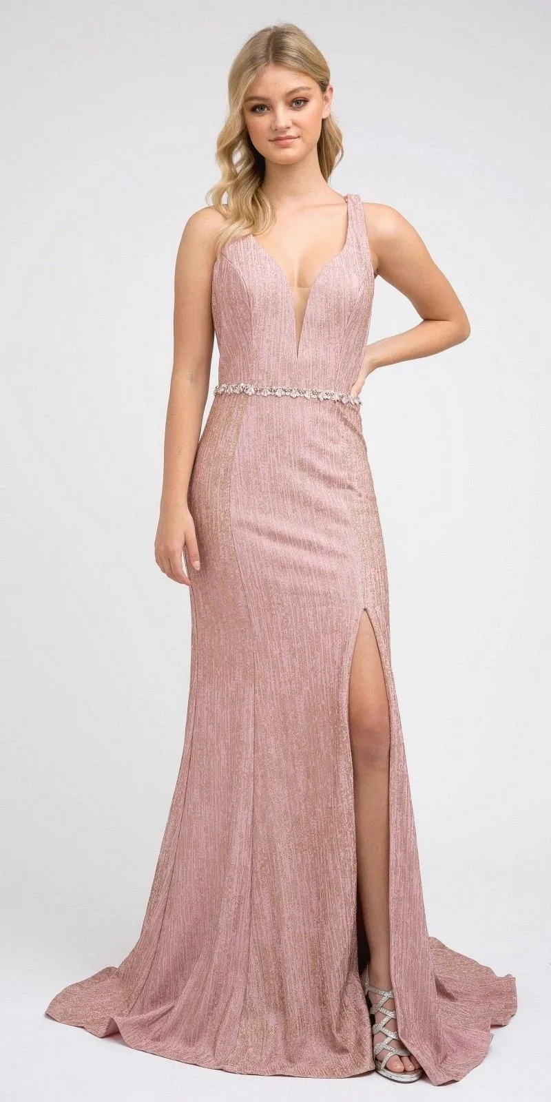 Juliet 237 Strappy-Back Long Prom Dress with Slit