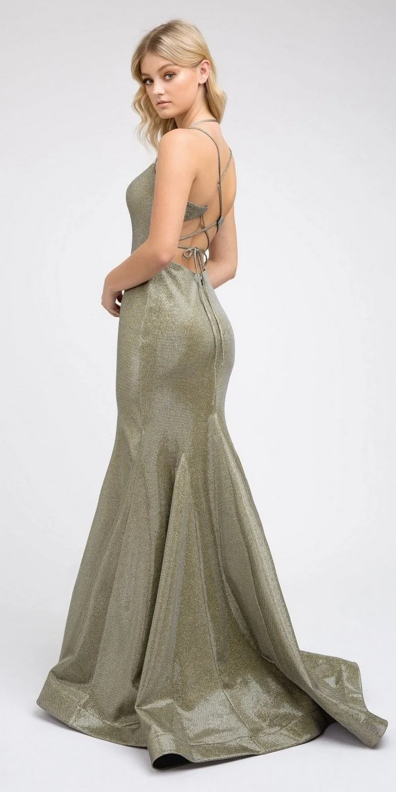 Juliet 242 Metallic Mermaid Long Prom Dress Lace-Up Back