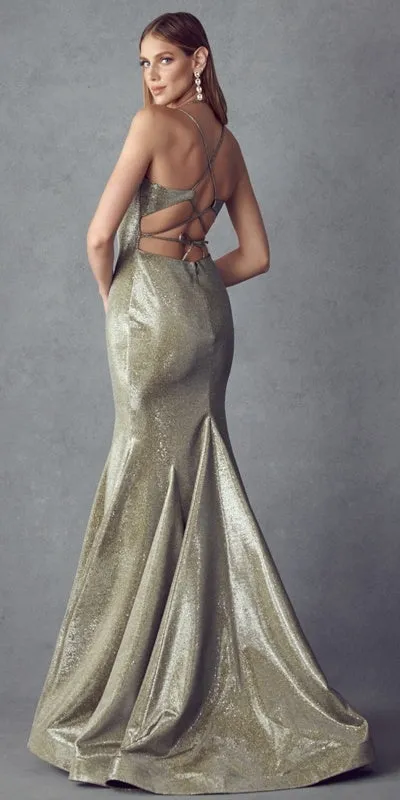 Juliet 242 Metallic Mermaid Long Prom Dress Lace-Up Back