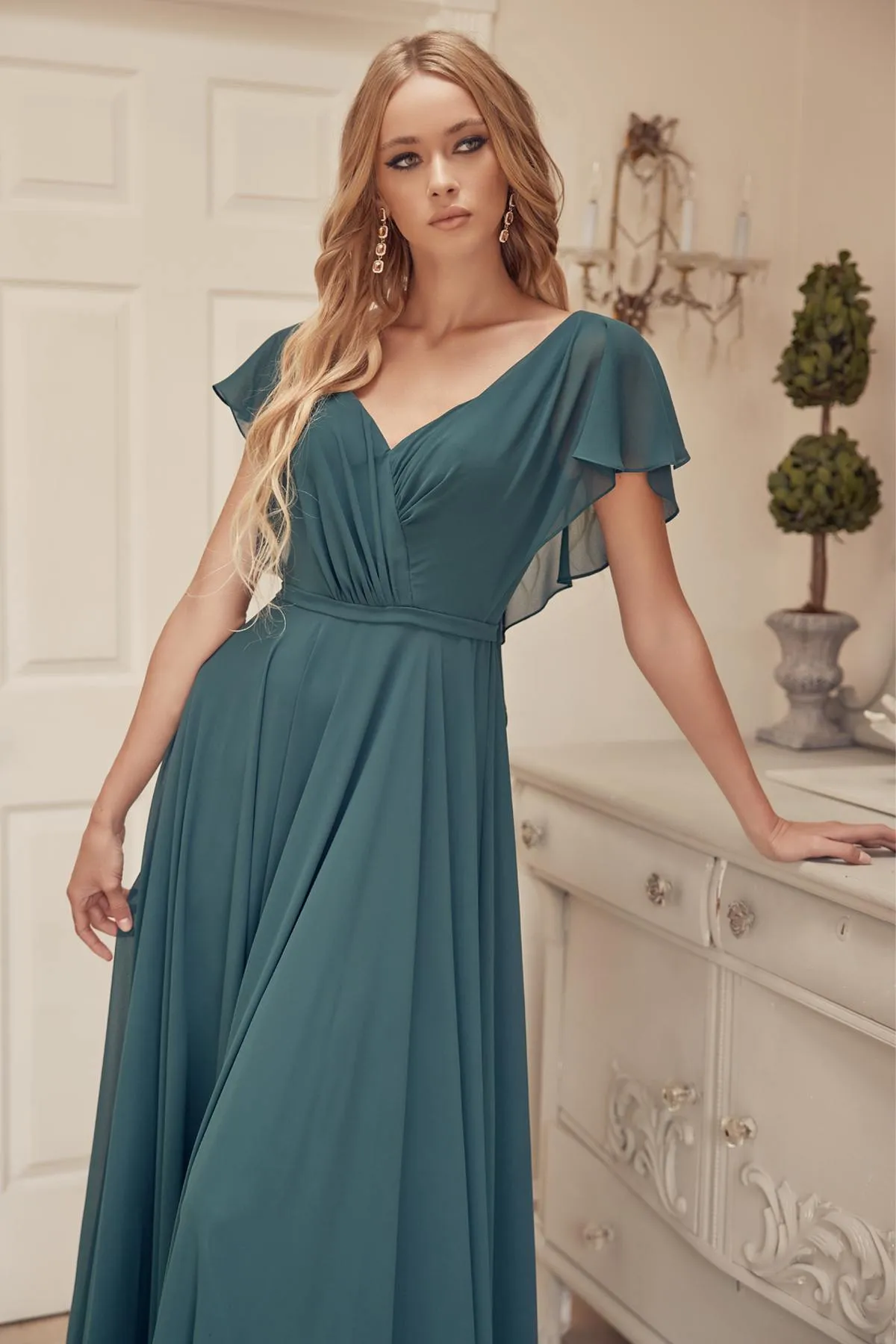 Juliet 261 Flutter Sleeve Formal Dress Cascade Back