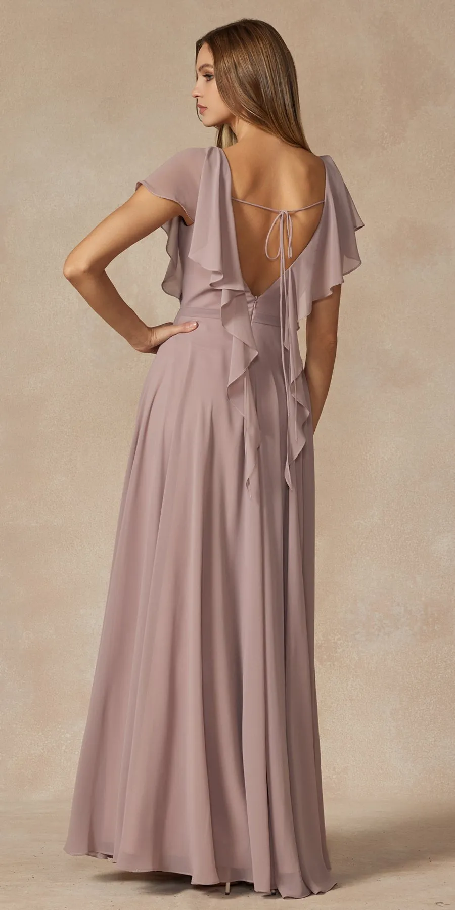 Juliet 261 Flutter Sleeve Formal Dress Cascade Back