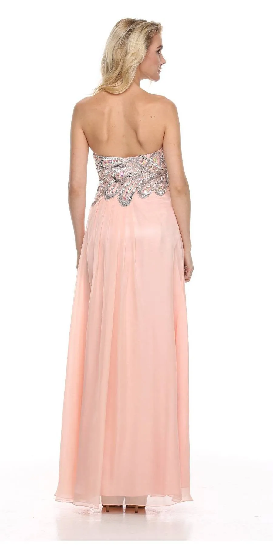 Juliet 548 Beaded Bodice Long Strapless Thigh Slit Formal Gown