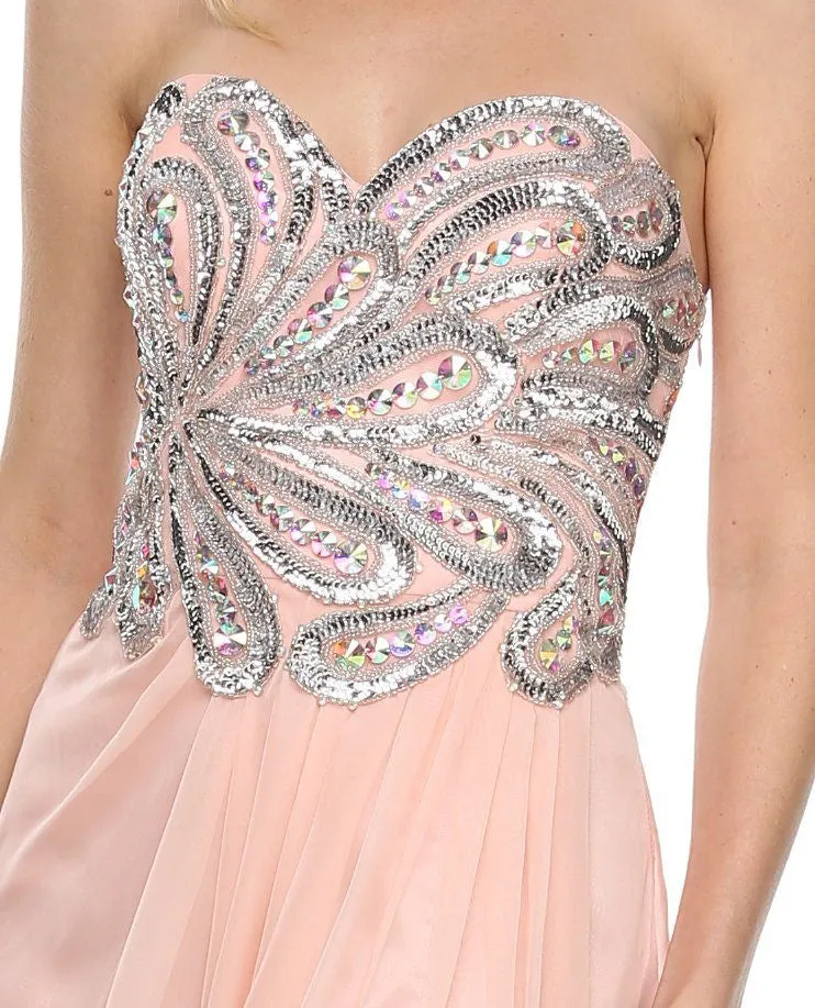 Juliet 548 Beaded Bodice Long Strapless Thigh Slit Formal Gown