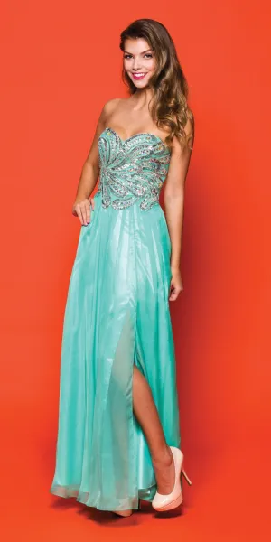 Juliet 548 Beaded Bodice Long Strapless Thigh Slit Formal Gown