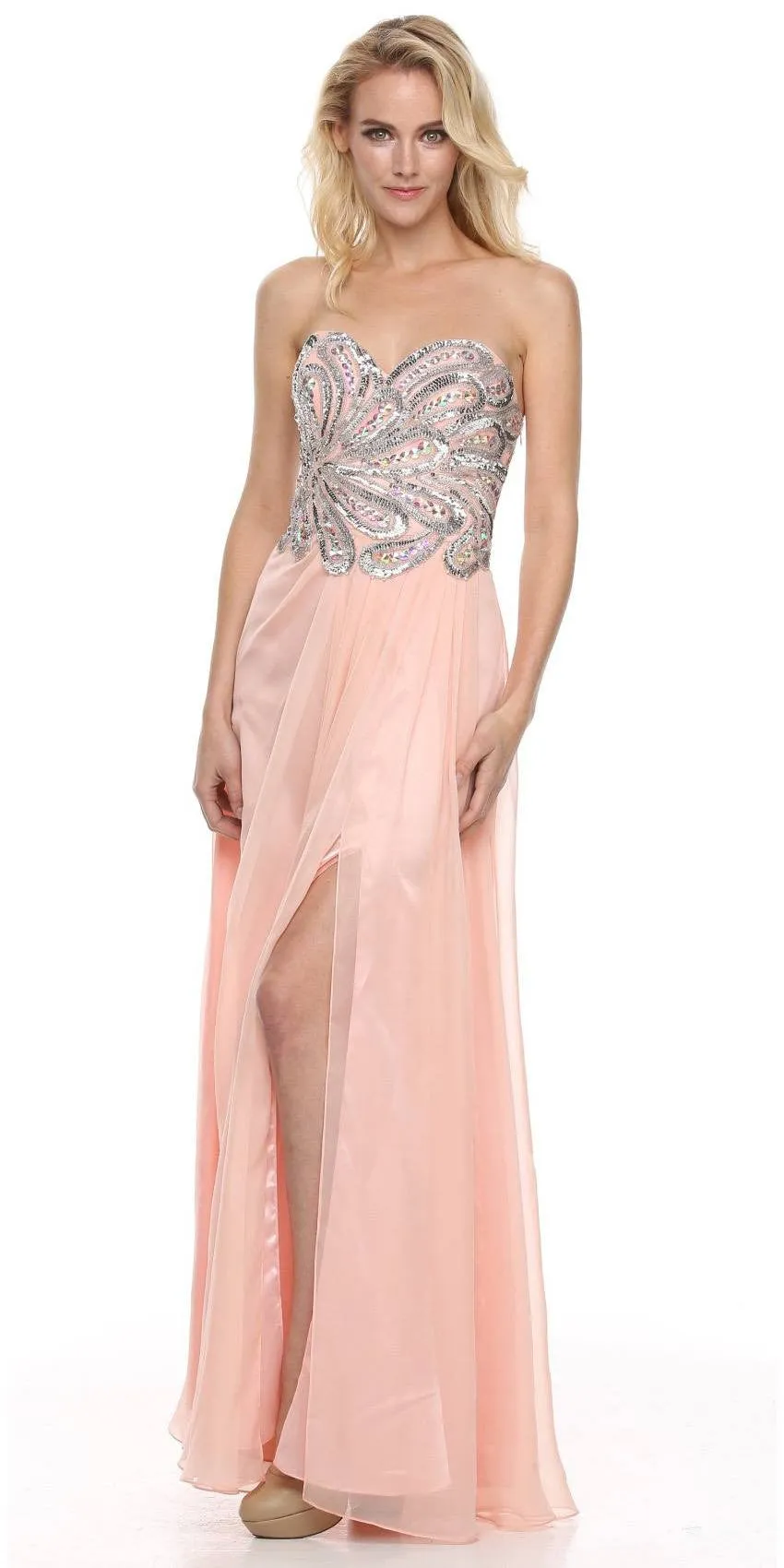 Juliet 548 Beaded Bodice Long Strapless Thigh Slit Formal Gown