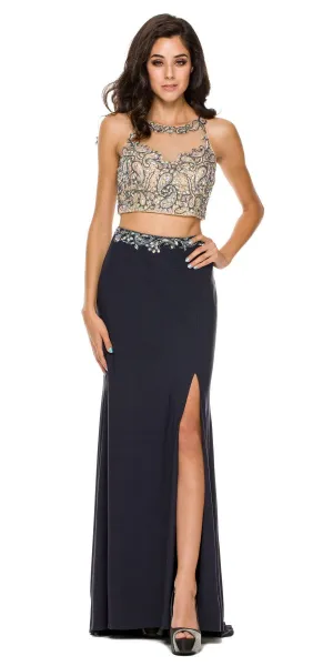 Juliet 595 Sexy Front Slit 2-Piece Dress Beads Illusion Neck