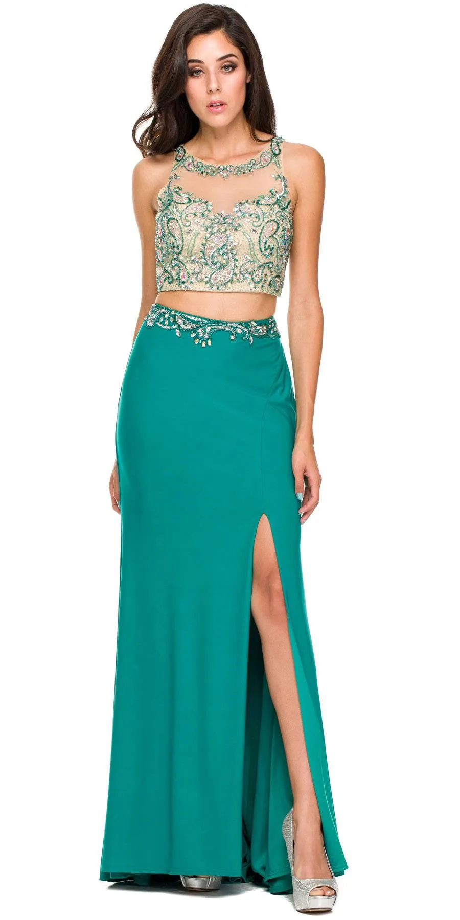 Juliet 595 Sexy Front Slit 2-Piece Dress Beads Illusion Neck