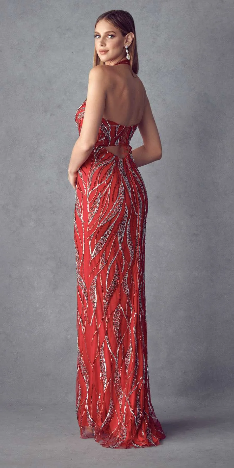 Juliet 683 Halter Long Dress Lace-Up Back with Slit