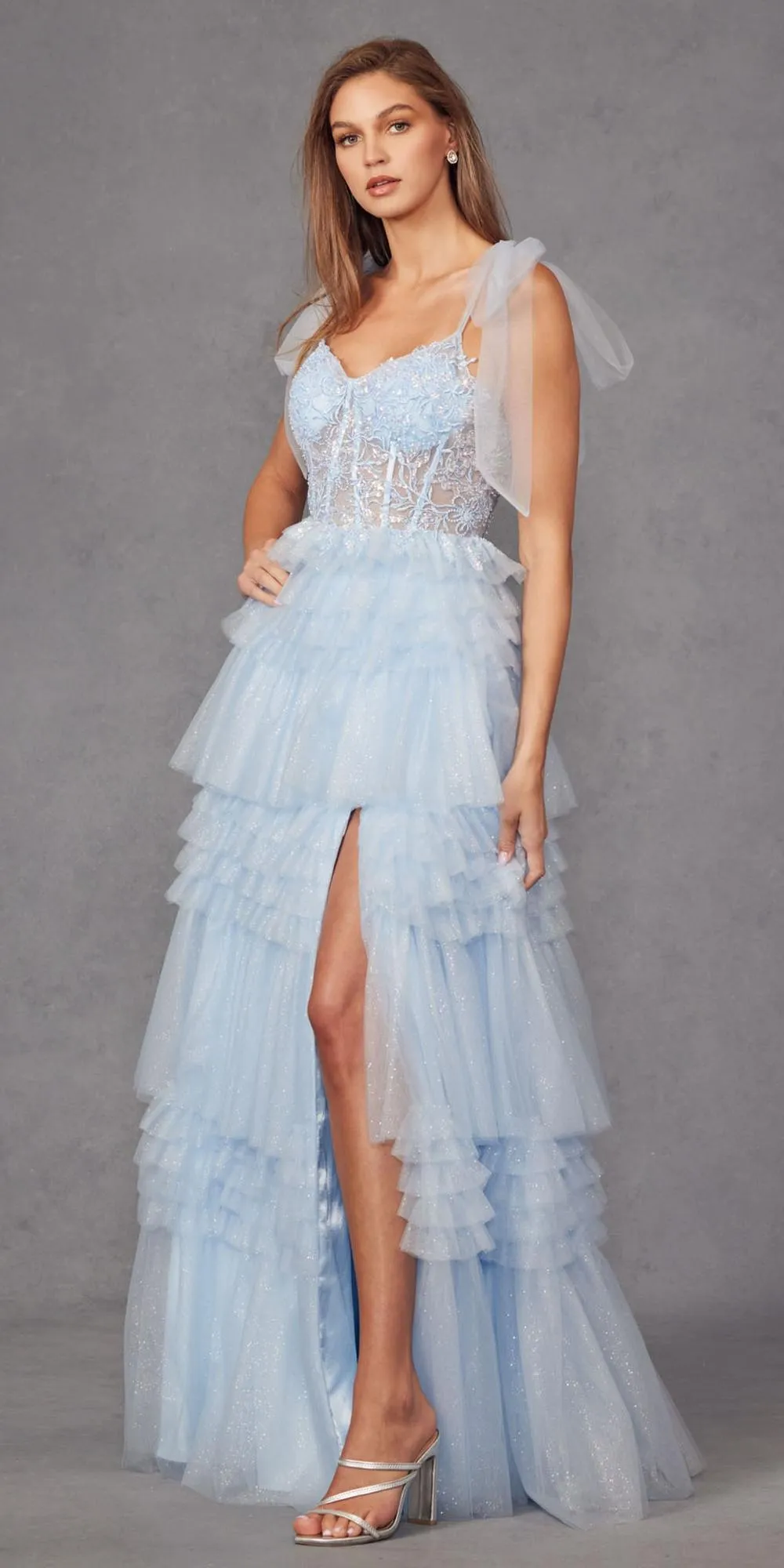Juliet JT2465A Long Glitter Tulle A-Line Leg Slit Ribbon Bow Strap Gown