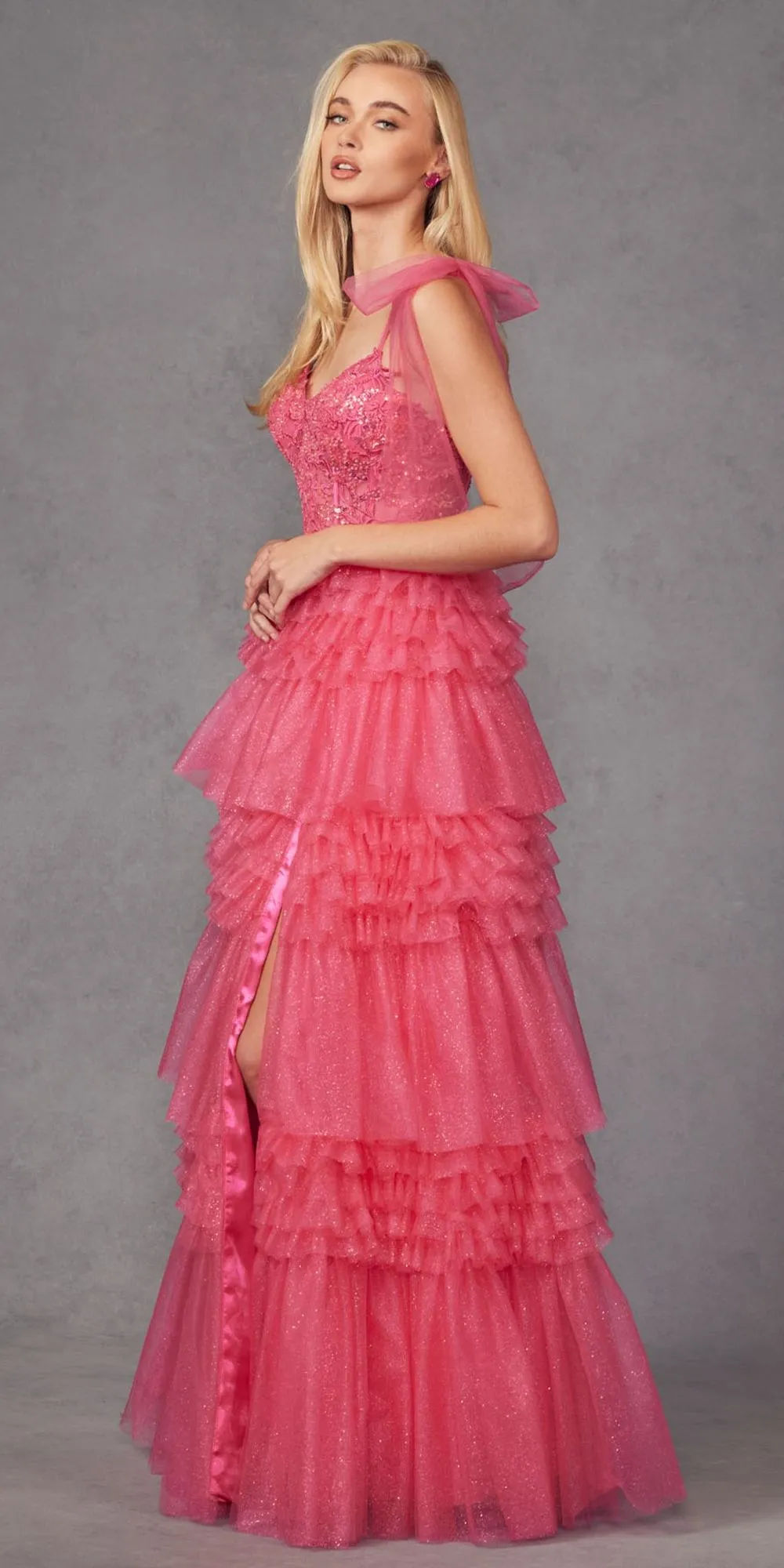 Juliet JT2465A Long Glitter Tulle A-Line Leg Slit Ribbon Bow Strap Gown