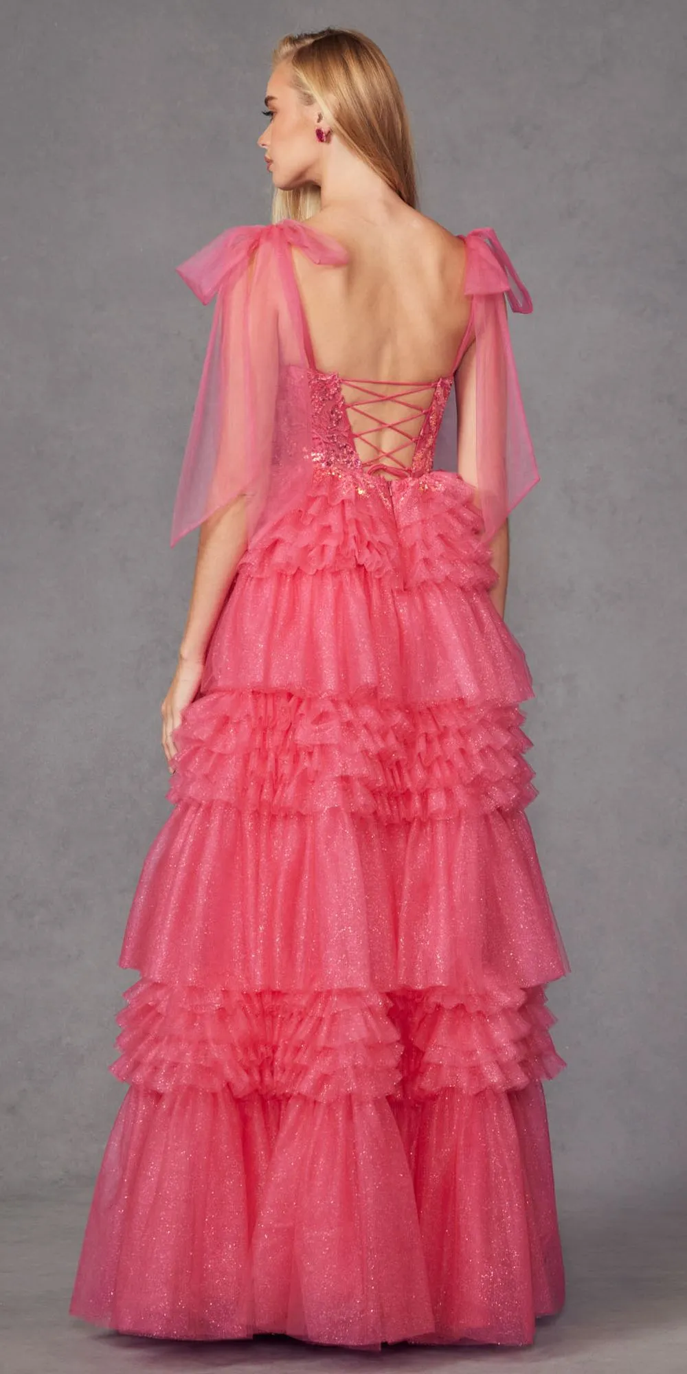 Juliet JT2465A Long Glitter Tulle A-Line Leg Slit Ribbon Bow Strap Gown
