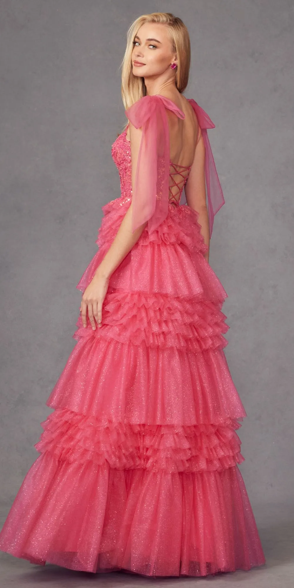 Juliet JT2465A Long Glitter Tulle A-Line Leg Slit Ribbon Bow Strap Gown