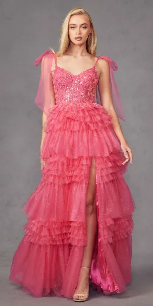 Juliet JT2465A Long Glitter Tulle A-Line Leg Slit Ribbon Bow Strap Gown
