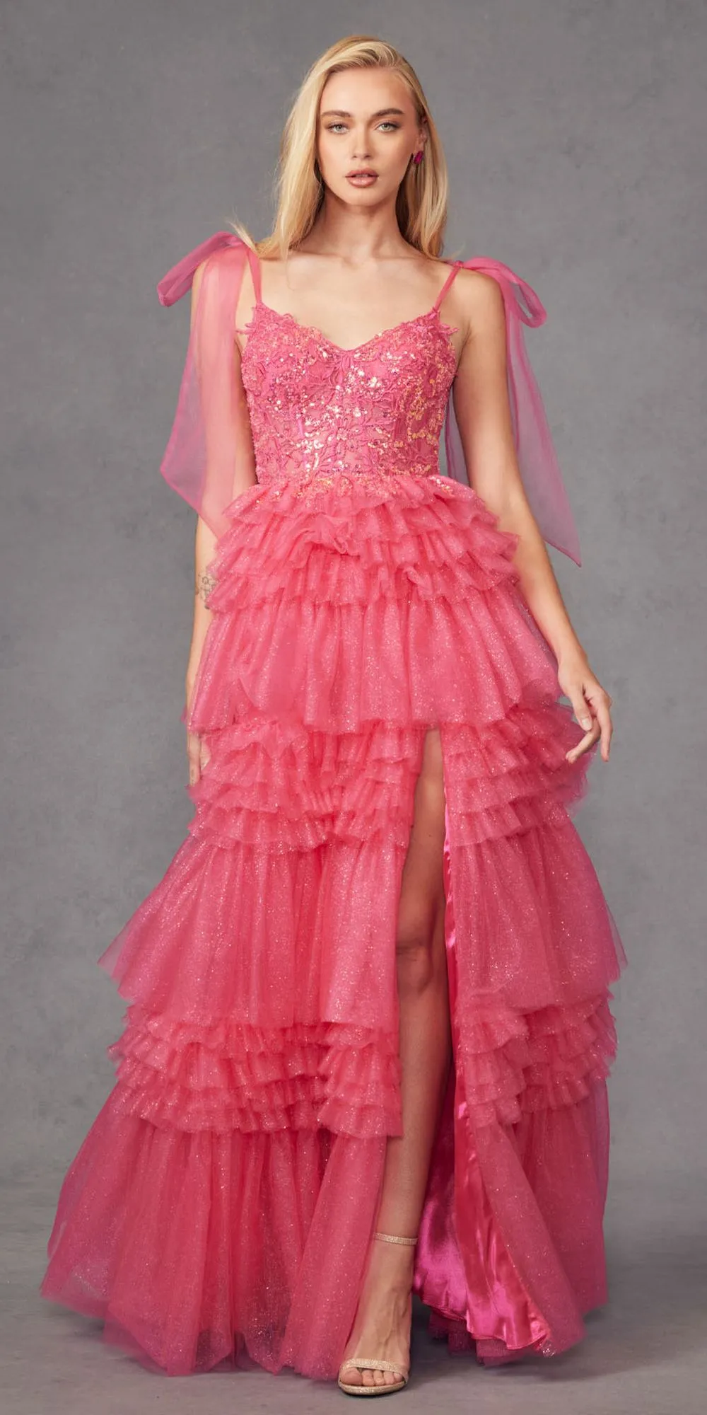 Juliet JT2465A Long Glitter Tulle A-Line Leg Slit Ribbon Bow Strap Gown