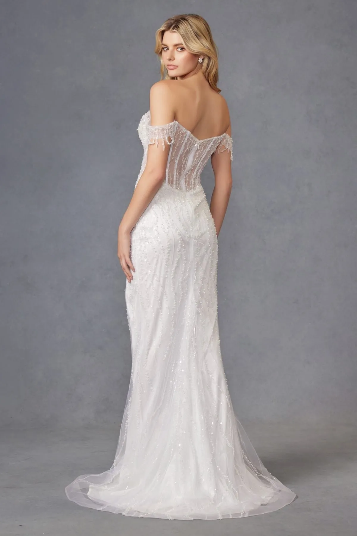 Juliet JT2471LW Long Off the Shoulder Fringe Sleeve Fitted Wedding Gown