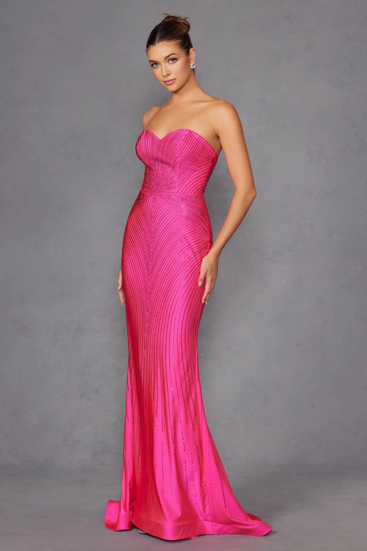 Juliet JT2472R Long Strapless Rhinestone Details Sweetheart Fitted Gown