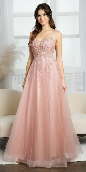 Juno A1011 Long Tulle A-Line Ball Gown Corset Boned Bodice